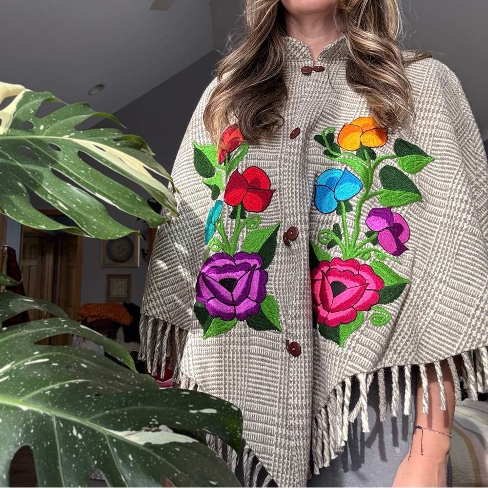 Floral Embroidered Women's wool Poncho .